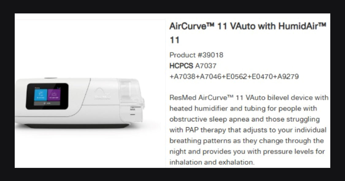 ResMed AirCurve 11 VAuto with HumidAir device on a white background
